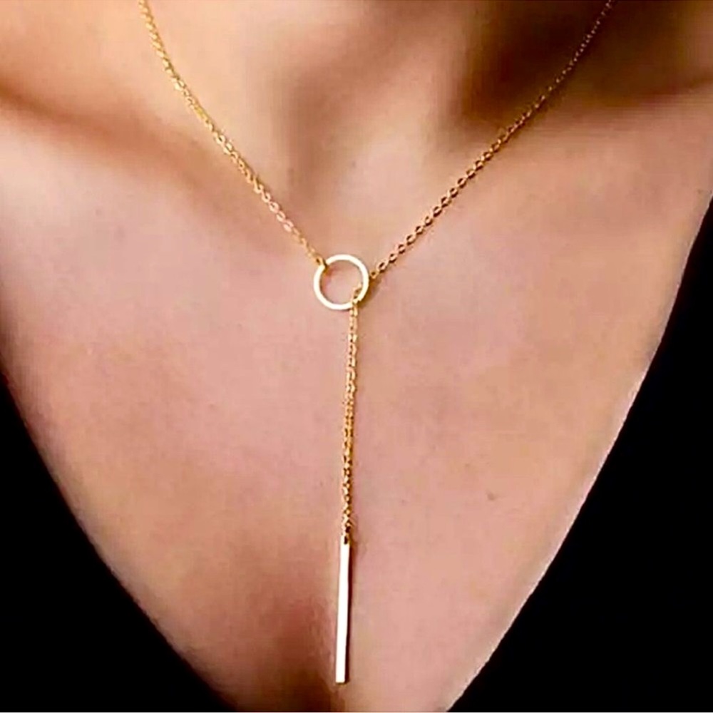 Minimalist, simple gold chain wraparound necklace with bar pendant toggle OSFM - Picture 1 of 4